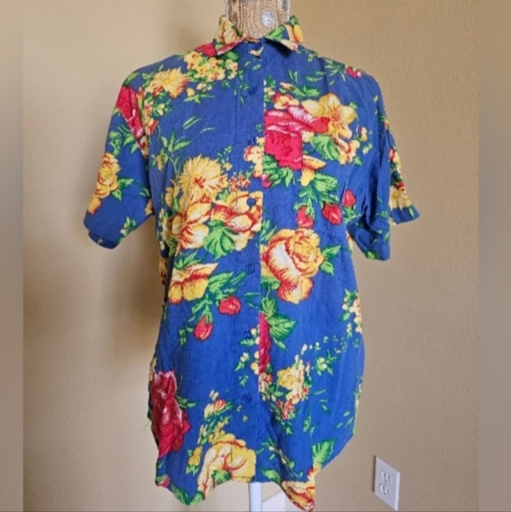 Vintage Gitano Hawaiian Shirt Women Medium Blue